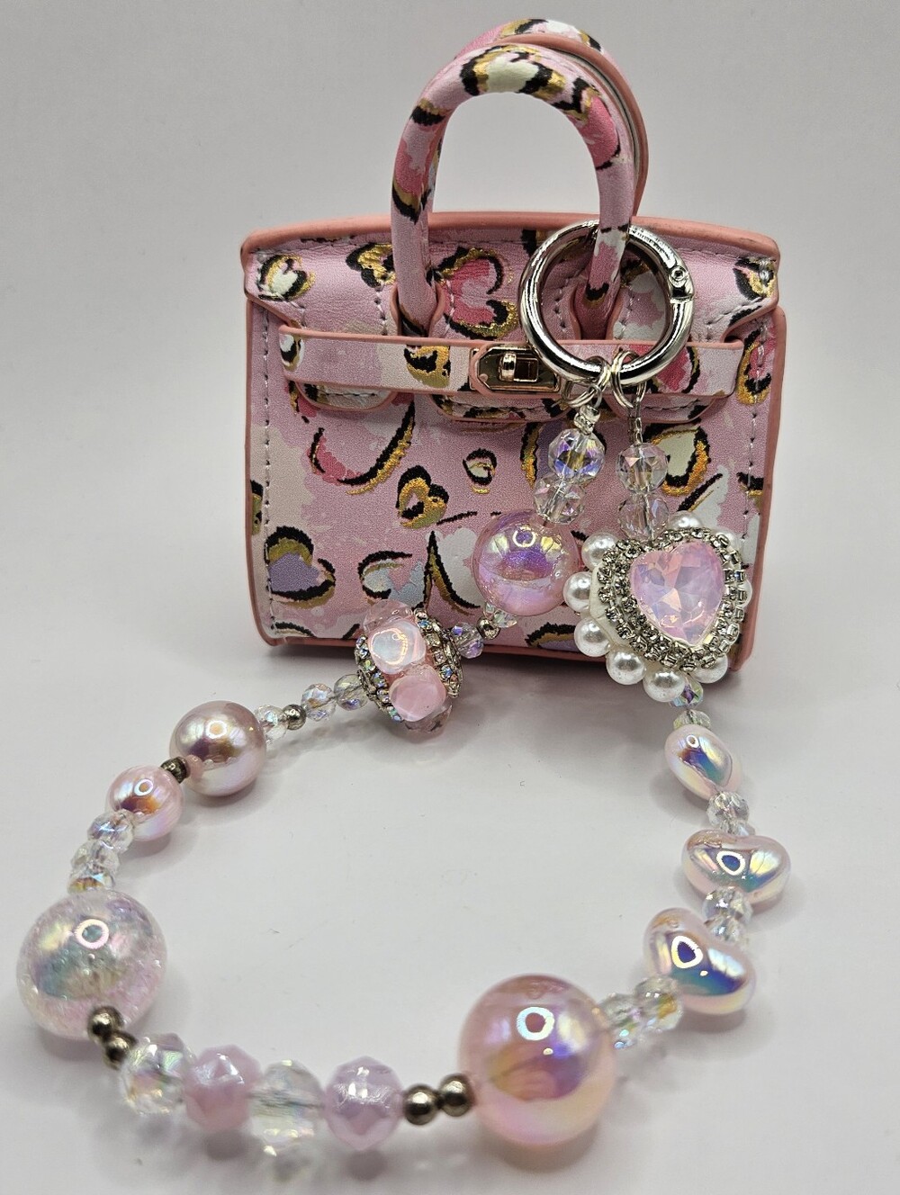 Pink Leopard Mini Bag Charm with Iridescent Beaded Phone Chain